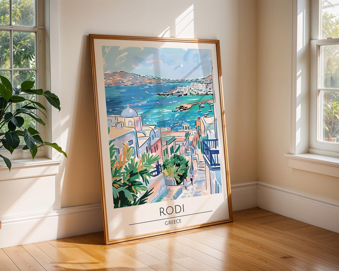 Rhodes Greece Watercolor Island Old Town Harbor View Art Poster