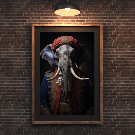 Elephant Portrait Print Red Turban Navy Regal Military Outfit Anthropomorphic Animal Art