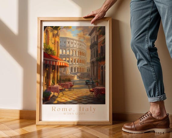 Rome Italy Wall Art Print Colosseum Travel Poster Vintage European Decor Italian Landscape Illustration Cafe Scene Artwork