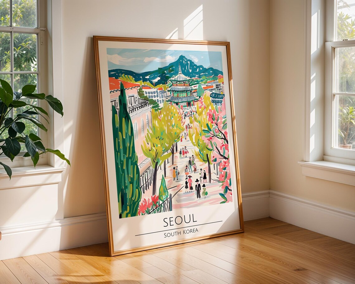 Seoul South Korea Watercolor Palace Cherry Blossom Street Poster