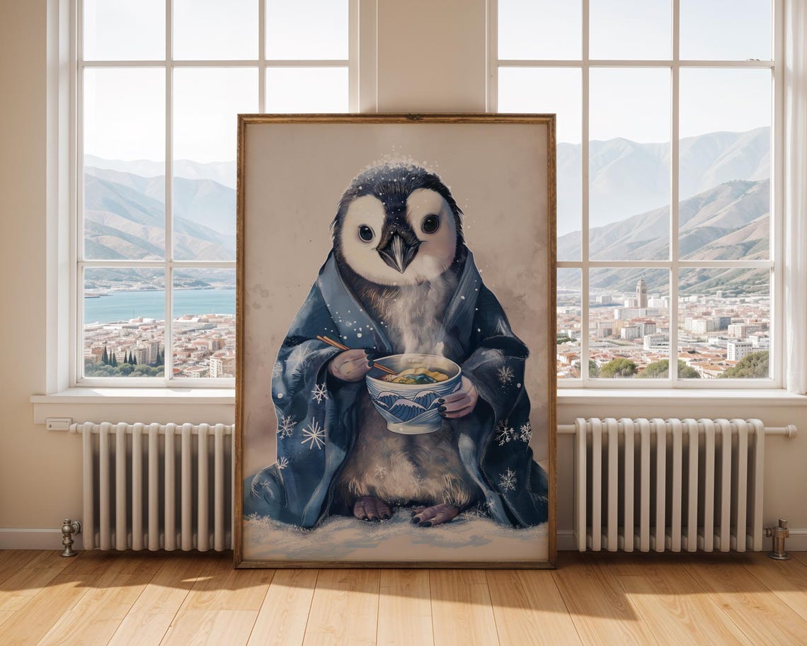 Penguin Ramen Noodle Bowl Kimono Funny Animal Poster Cute Art