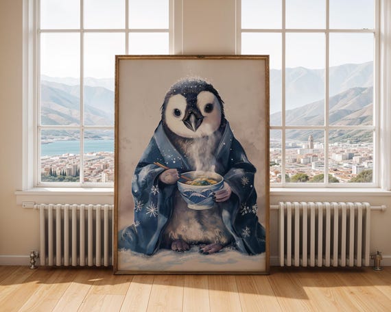 Penguin Ramen Art Print Cute Animal Lover Gift Quirky Kimono Wall Decor Funny Noodle Poster For Playful Home Aesthetics
