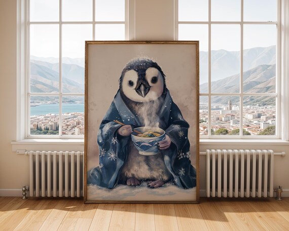 Penguin Ramen Noodle Bowl Kimono Funny Animal Poster Cute Art