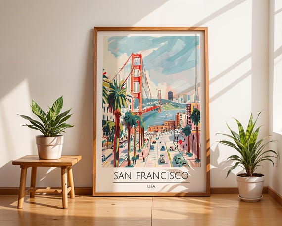 San Francisco Golden Gate Bridge Travel Poster Colourful Modern Wall Art Print Usa Coastal Cityscape Illustration Decor Bedroom