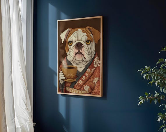 Bulldog Wall Art Japanese Kimono Dog Print Funny Poster Vintage Pet Decor Tea Lover Gift Oriental Japan