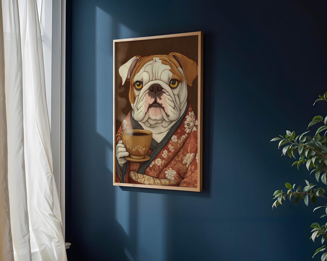 British Bulldog In Floral Kimono Sipping Tea Funny Dog Poster