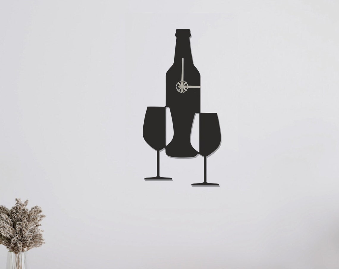 Wine Bottle Glasses Shaped Black Metal Wall Clock Modern Decor Gift