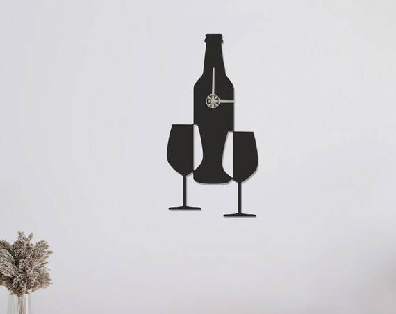 Wine Bottle Glasses Shaped Black Metal Wall Clock Modern Decor Gift