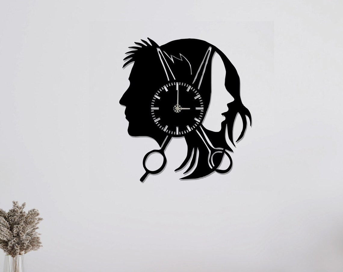 Hair Salon Scissors Dual Head Silhouette Black Metal Barber Wall Clock