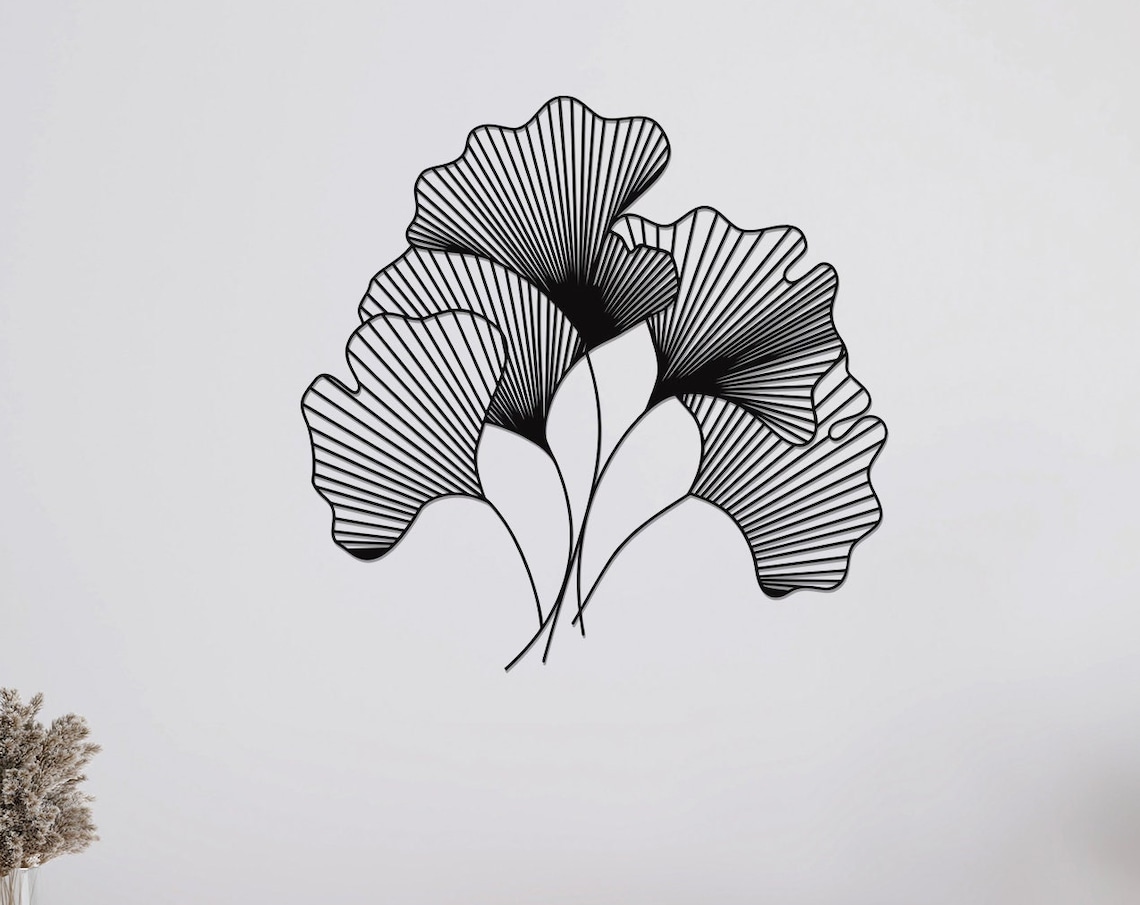 Ginkgo Leaves Botanical Line Art Black Metal Minimalist Wall Decor