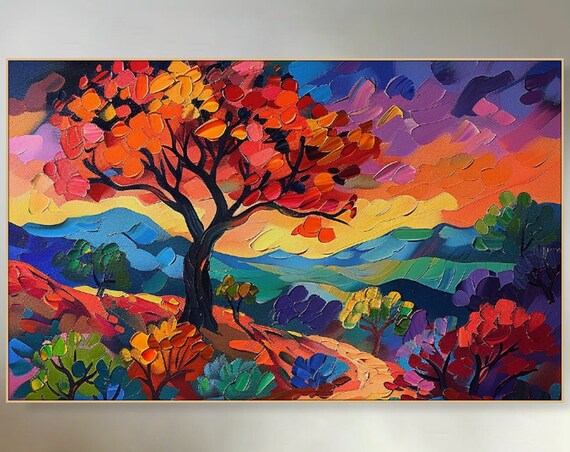 Enchanted Rainbow Tree In Fairy Land Painting On Impasto Textured Tree Painting Dreamy Vibrant Wall Art Contemporary Living Room Art