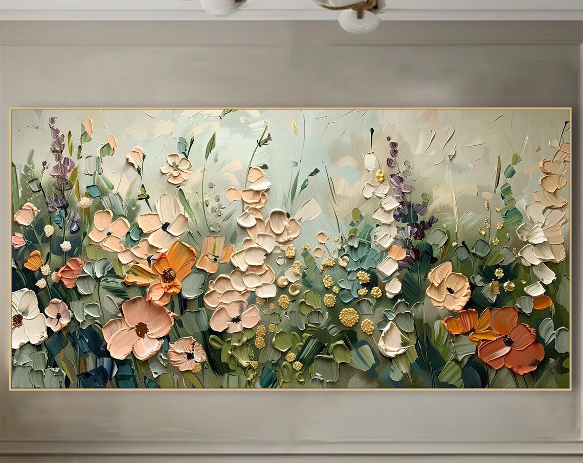 Pastel Wildflower Meadow Soft Peach Sage Botanical Impasto Art Poster