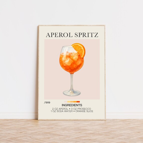 Aperol Spritz Cocktail Recipe Watercolor Orange Bar Cart Poster