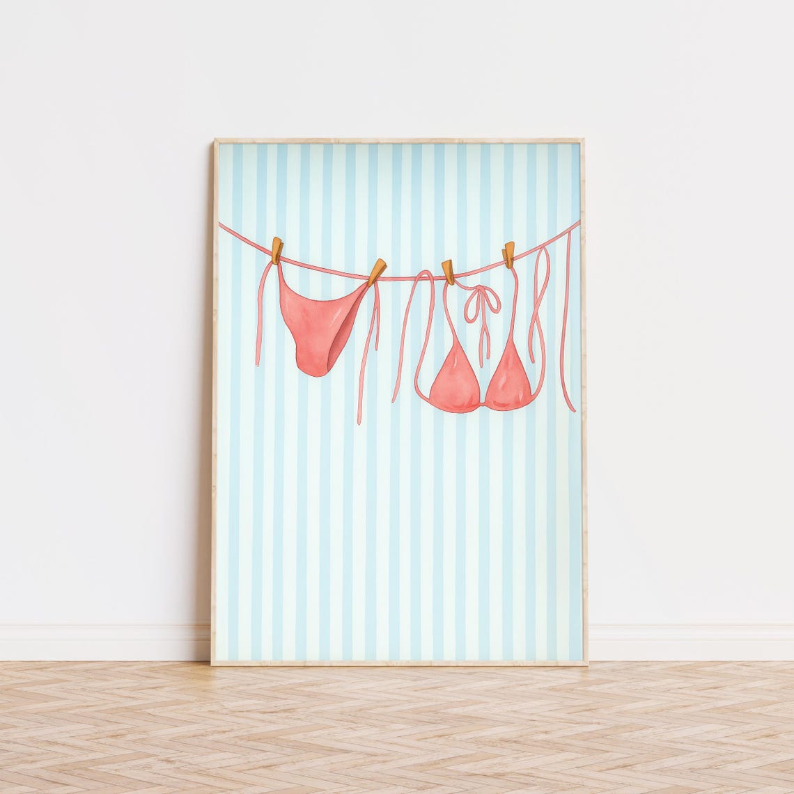 Pink Bikini Watercolor Clothesline Striped Coastal Preppy Beach Poster