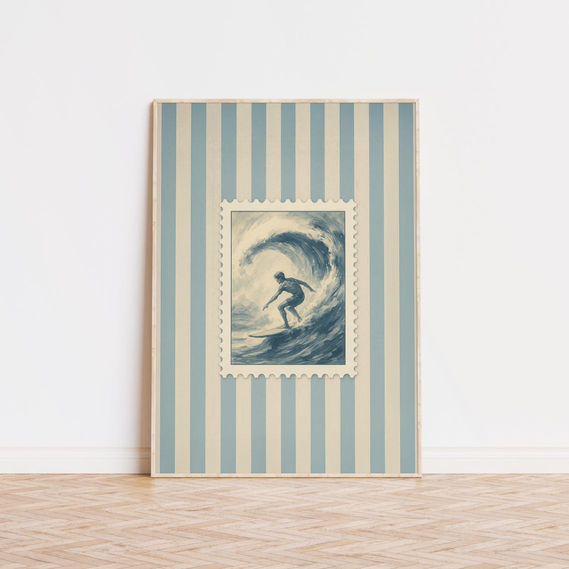 Surfer Riding Wave Stamp Art Striped Vintage Coastal Surf Wall Poster