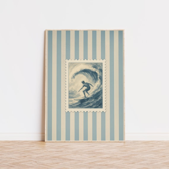 Surfer Riding Wave Stamp Art Striped Vintage Coastal Surf Wall Poster