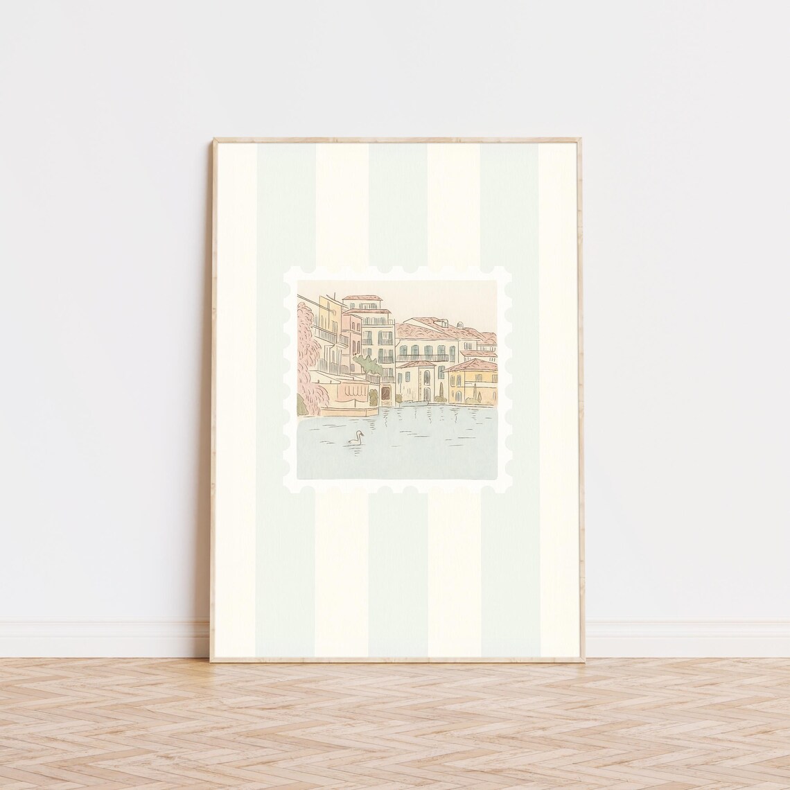 Italy Canal Town Stamp Art Striped Green Vintage Travel Wall Poster