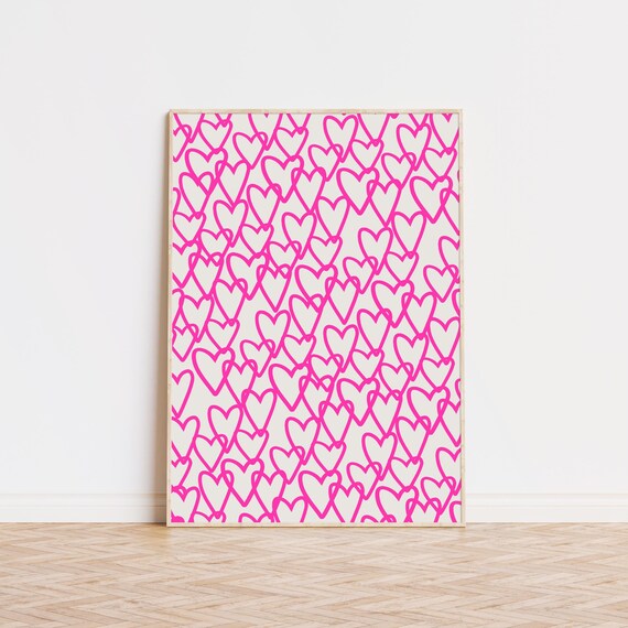 Hot Pink Heart Line Pattern Trendy Preppy Dorm Room Cute Wall Poster