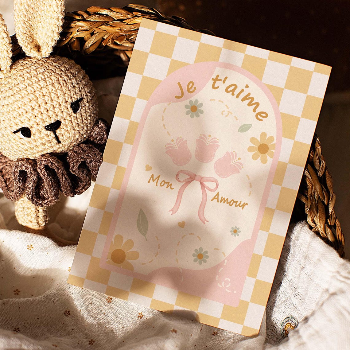 Je Taime Mon Amour Love Greeting Card Yellow Checker Floral Print