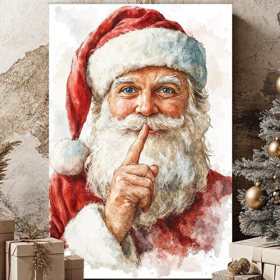 Santa Claus Shush Gesture Watercolor Portrait Christmas Wall Art