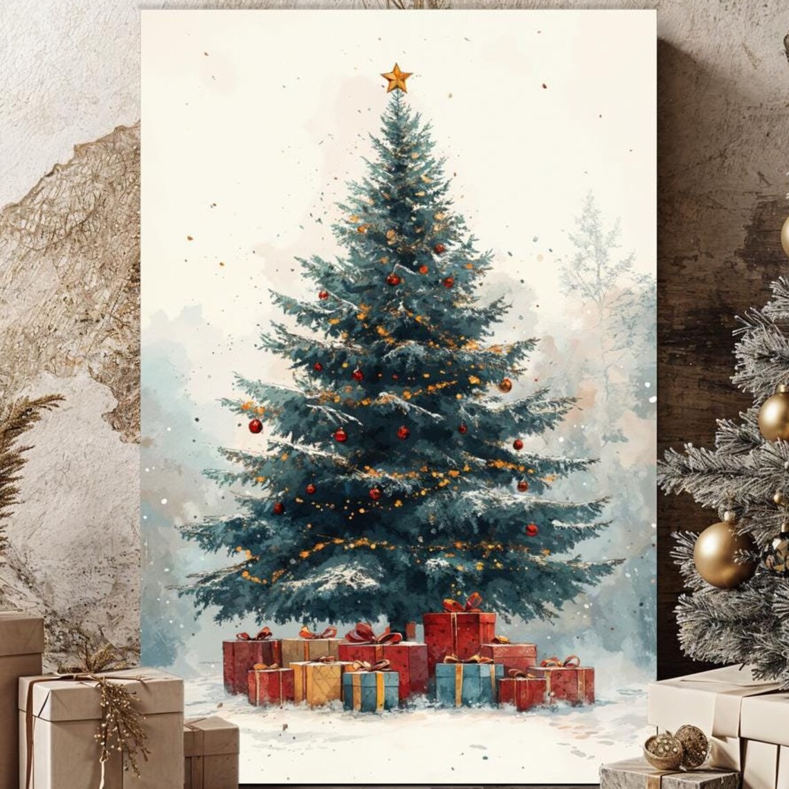 Watercolor Christmas Tree Gold Star Presents Festive Scene Poster