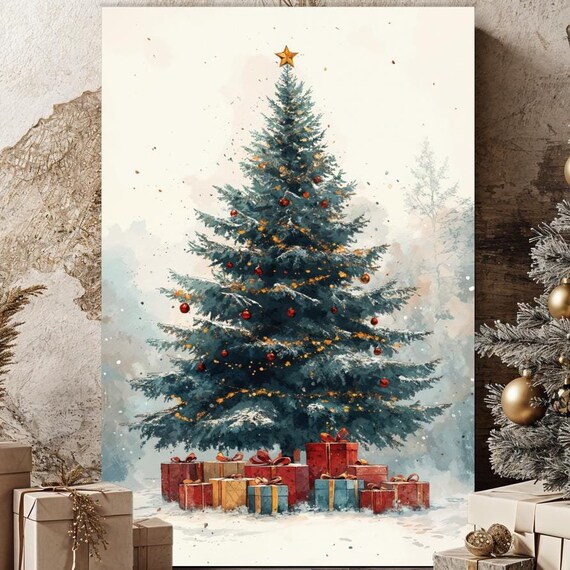 Watercolor Christmas Tree Gold Star Presents Festive Scene Poster