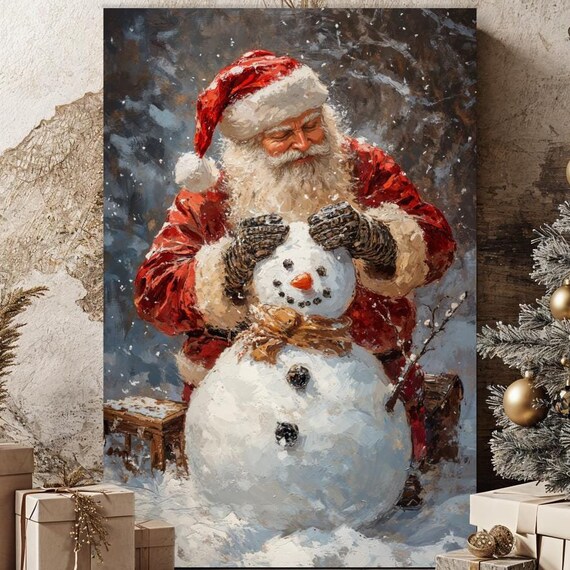 Santa Claus Building a Snowman Vintage Christmas Scene Poster