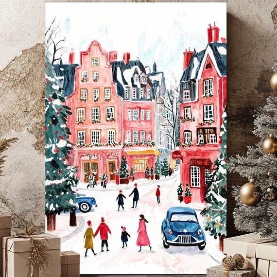 Snowy European Winter Street Christmas Town Watercolor Poster