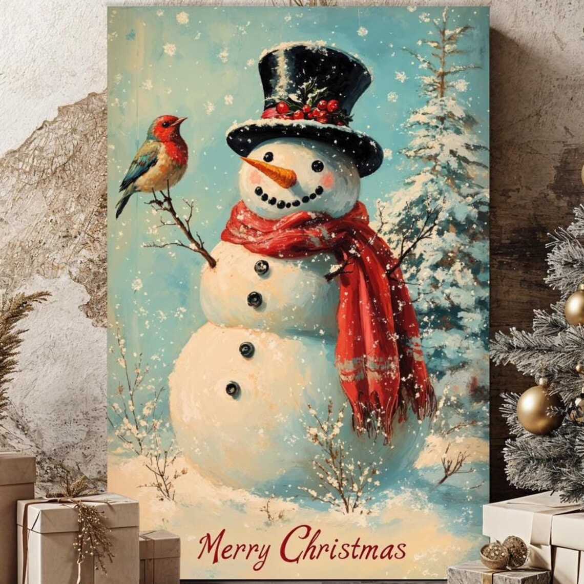 Cheerful Snowman With Bird Merry Christmas Vintage Winter Poster