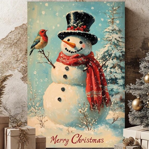 Cheerful Snowman With Bird Merry Christmas Vintage Winter Poster