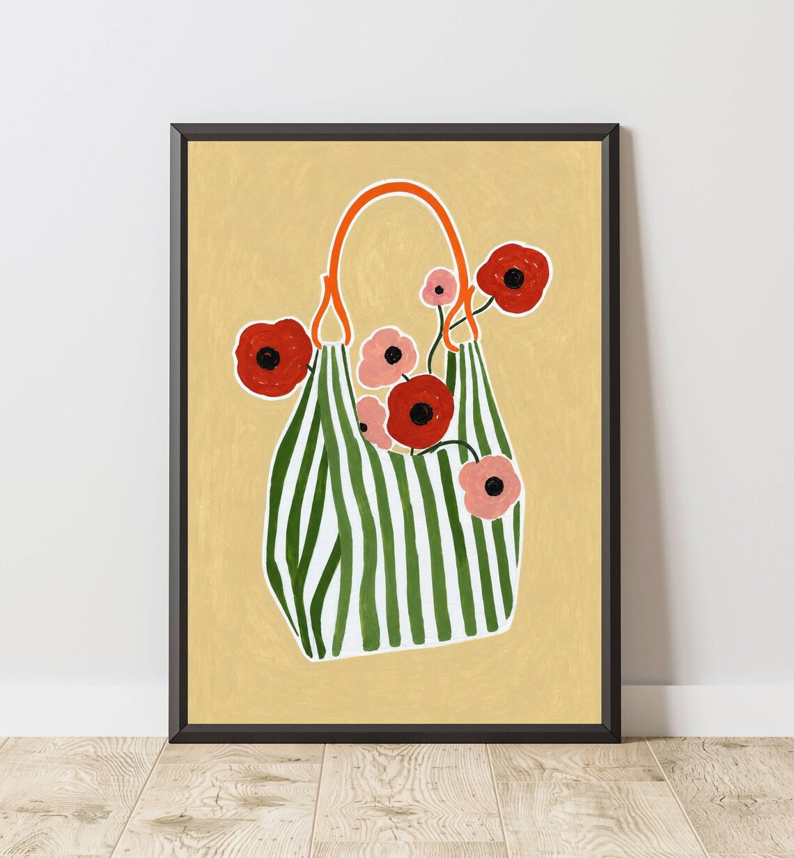 Striped Market Tote Bag Poppy Flowers Modern Floral Illustration Poster