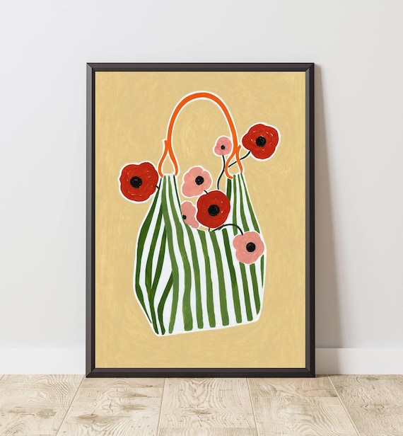 Maximalist Striped Tote Bag With Floral Wall Art Poppy Flower Print Colorful Botanical Poster Cottagecore Kitchen Decor