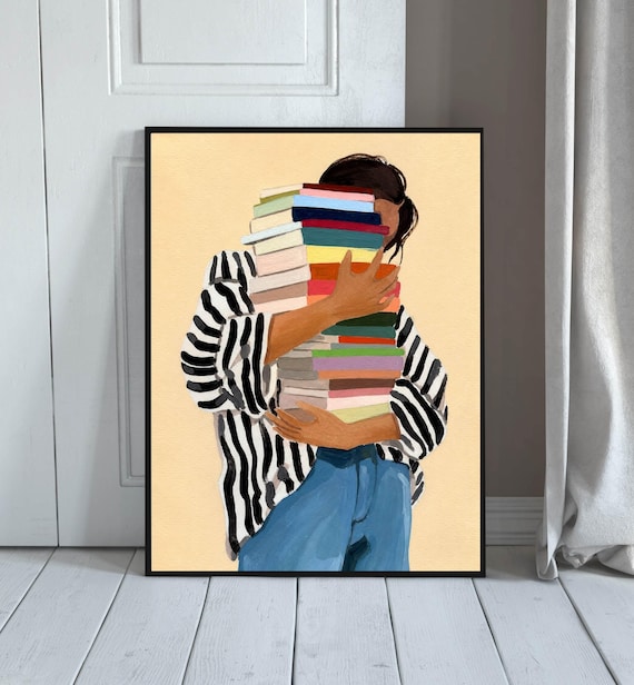 Cozy Girl Holding Books Wall Art Print Book Lover Decor Colorful Literary Gallery Feminine Bookworm Poster Gift