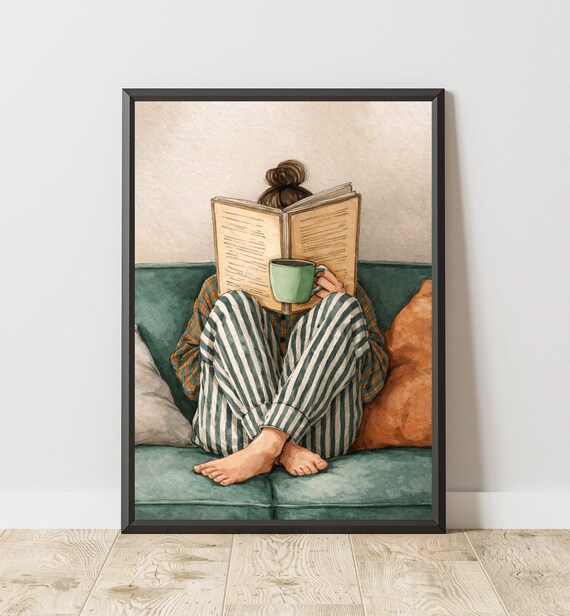 Cozy Reading On Sofa With Coffee Wall Art Print Book Lover Poster Living Room Decor Literary Girl Aesthetic