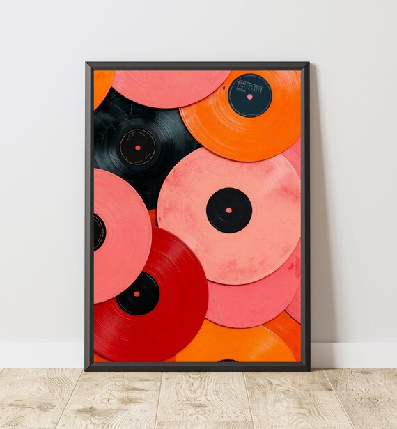 Colorful Vinyl Records Pink Orange Red Retro Music Room Art Poster