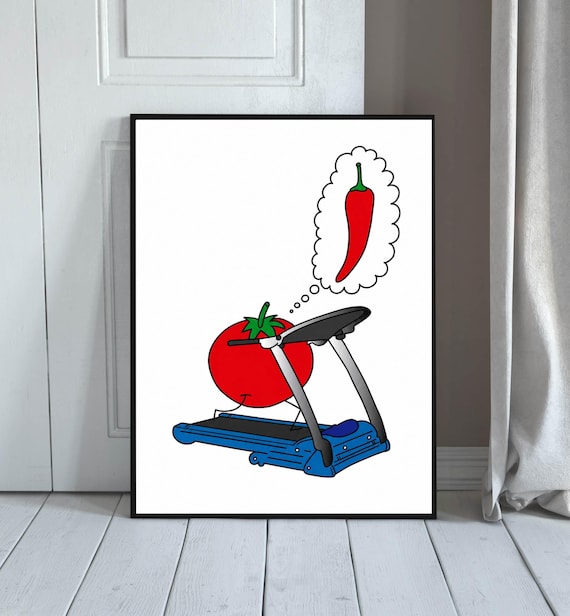 Tomato Treadmill Wall Print Funny Kitchen Healthy Eating Decor Gym Humor Poster Minimalist Food Illustration