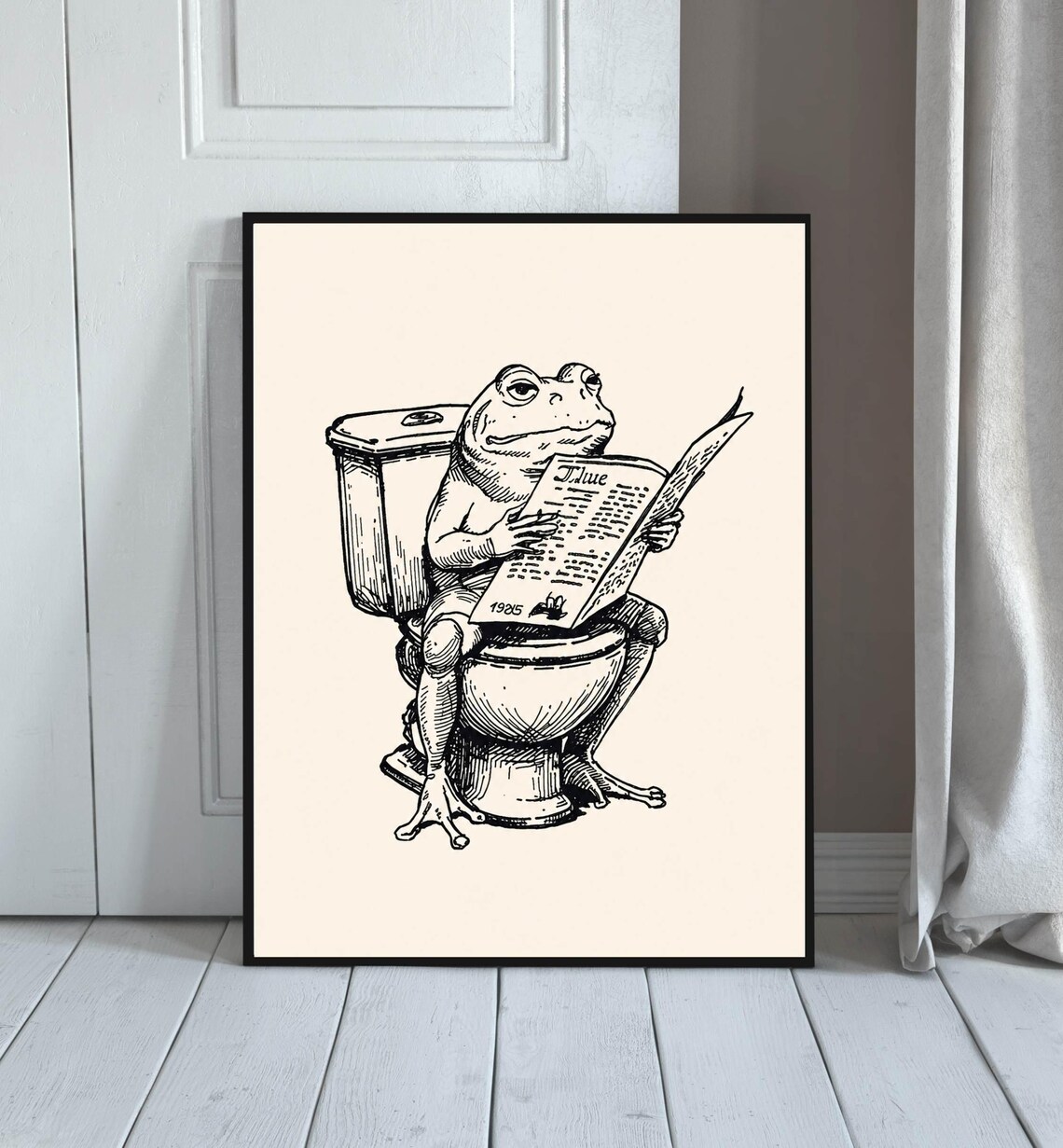 Quirky Frog Reading Newspaper On Toilet Vintage Sketch Bathroom Wall Poster