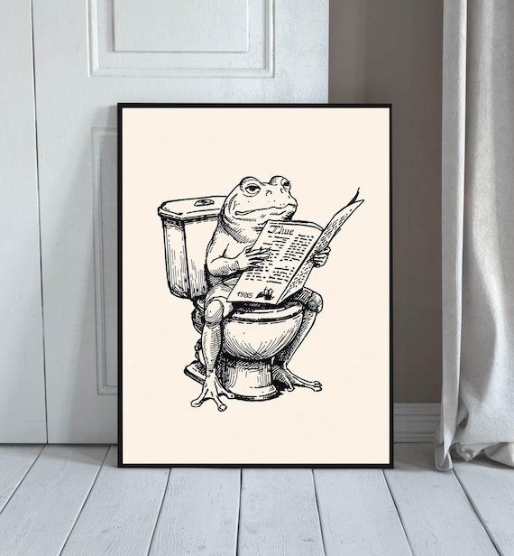 Quirky Frog Reading Newspaper On Toilet Vintage Sketch Bathroom Wall Poster