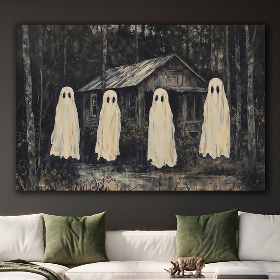 Halloween Ghostly Figures Canvas Wall Art Haunted Cabin In The Forest Decor Night Painting Print Spirits Poster Gift Ready To Hang