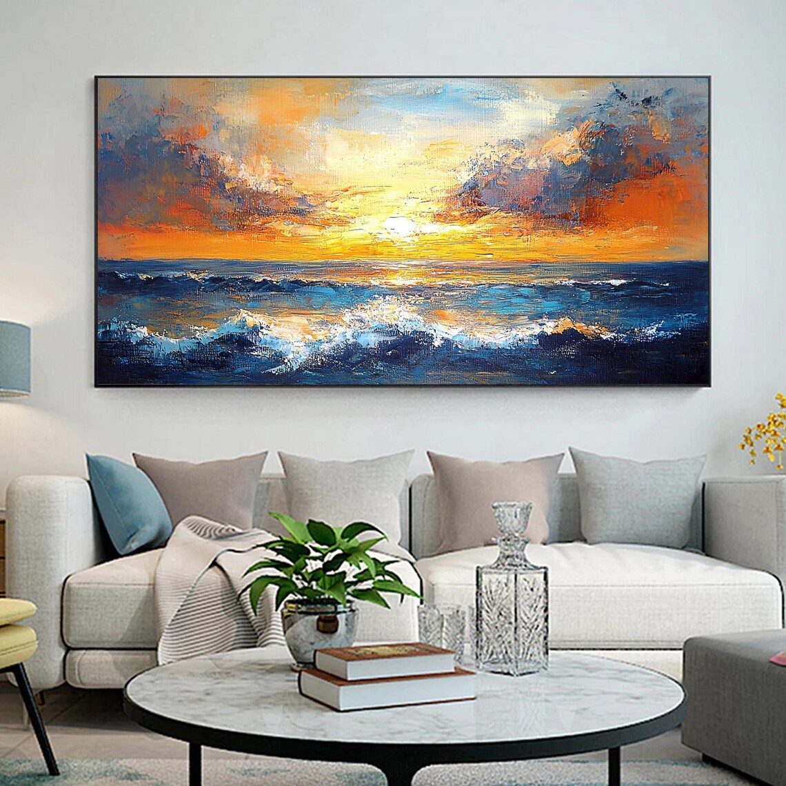 Ocean Sunset Waves Orange Sky Blue Sea Landscape Painting Poster - Image 3