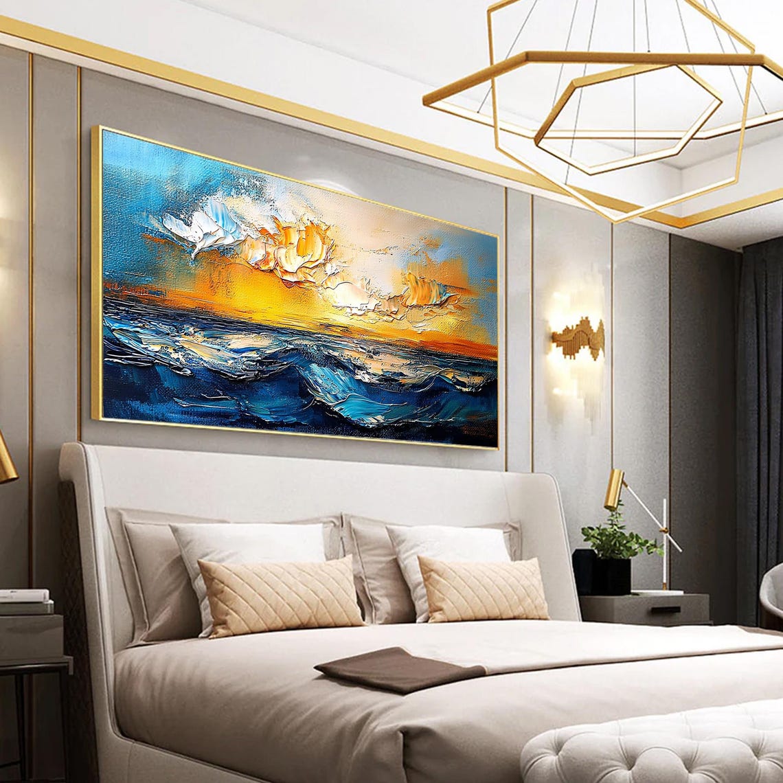 Dramatic Golden Sunset Ocean Waves Heavy Impasto Art Wall Poster - Image 6