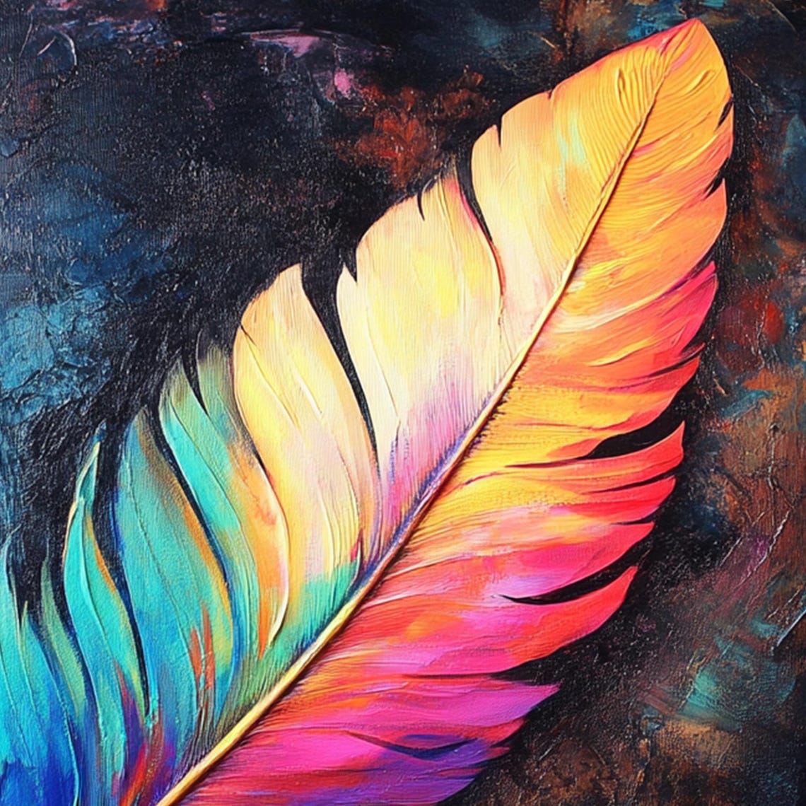 Vivid Rainbow Feather on Dark Navy Background Abstract Poster - Image 5