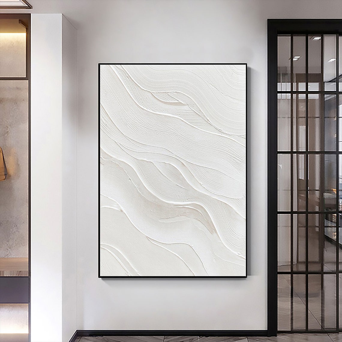 Minimalist All White Textured Wave Abstract Relief Oil Poster - Image 5