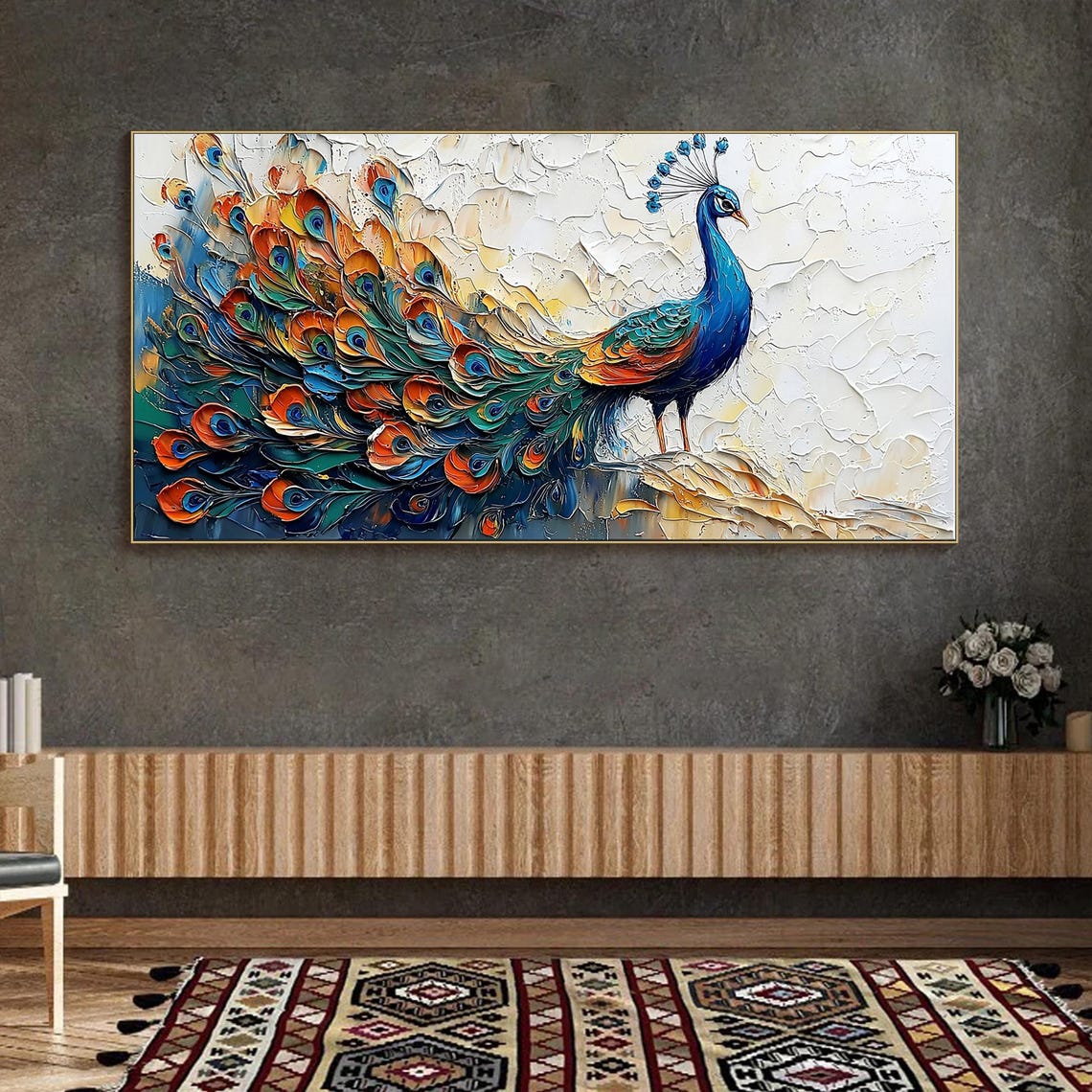 Standing Peacock in Profile with Colorful Tail on White Poster - Image 3
