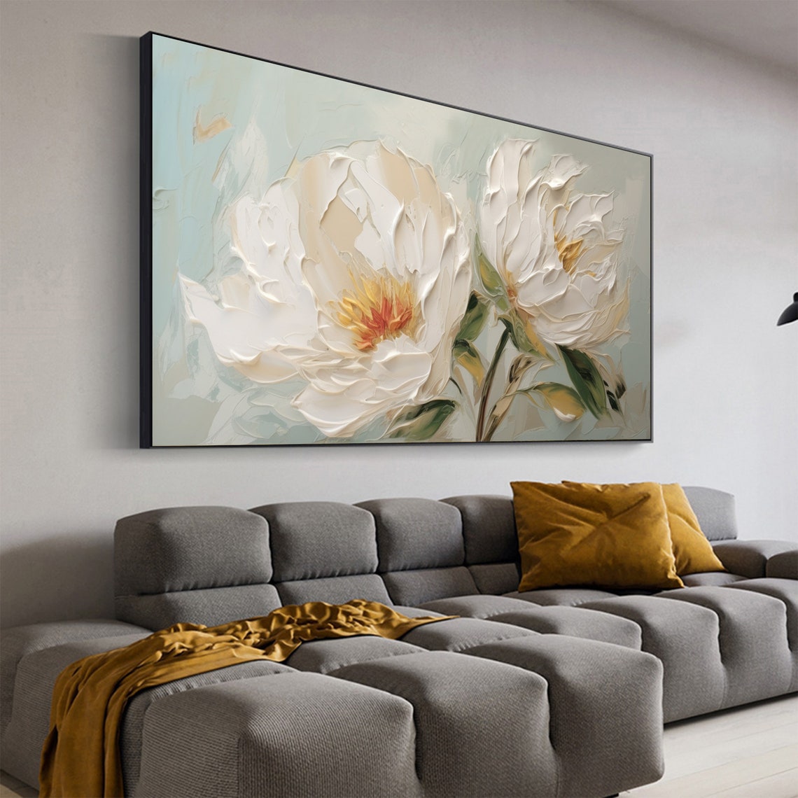 White Peony Flowers Soft Sage Impasto Texture Painting Poster - Image 5