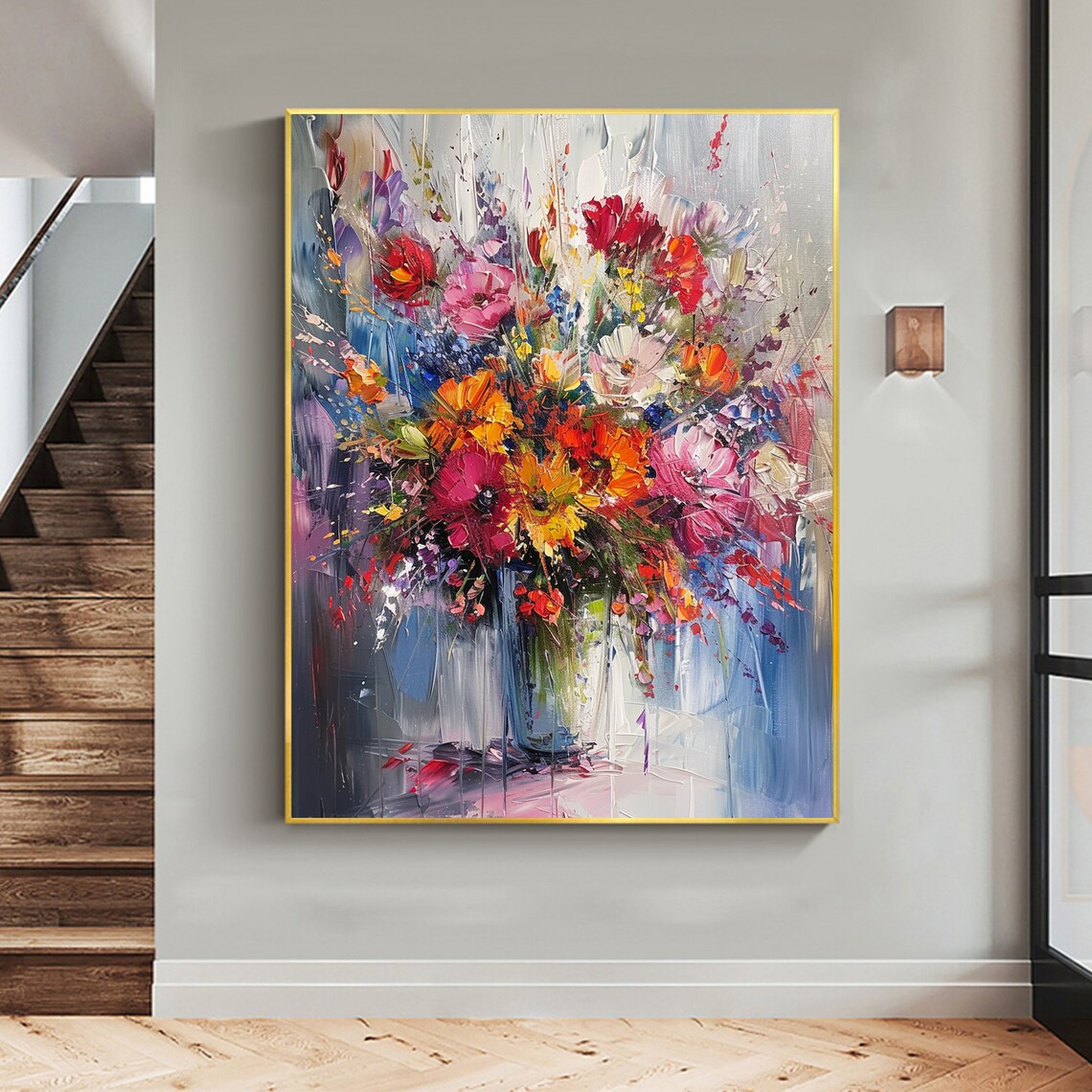 Colorful Wildflower Bouquet Gray Blue Vertical Painting Poster - Image 5