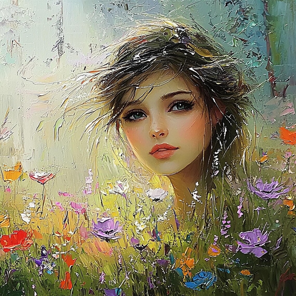 Dreamy Woman Face among Colorful Wildflowers Garden Oil Poster - Image 5