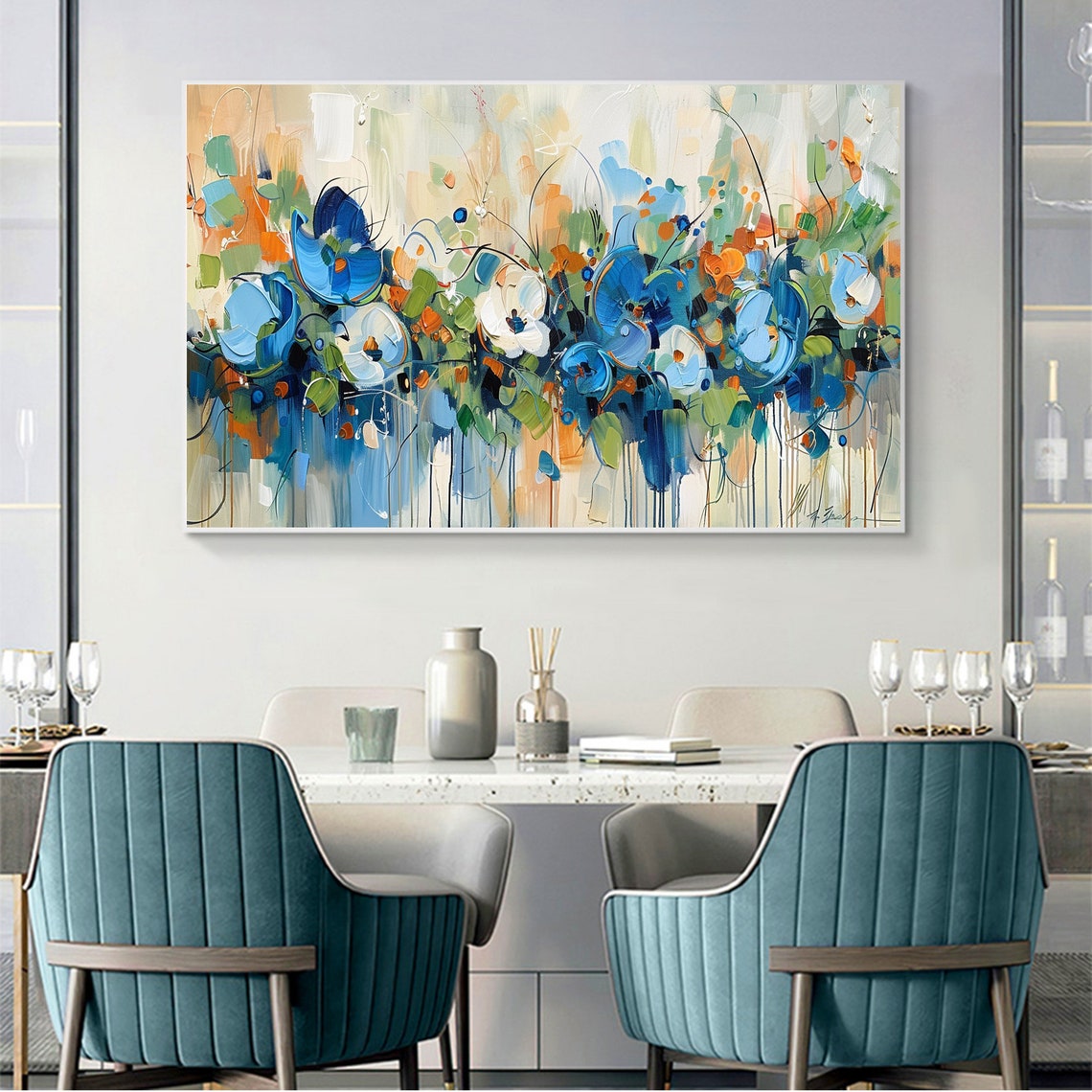 Blue Floral Blooms Orange Accents Loose Abstract Painting Poster - Image 5