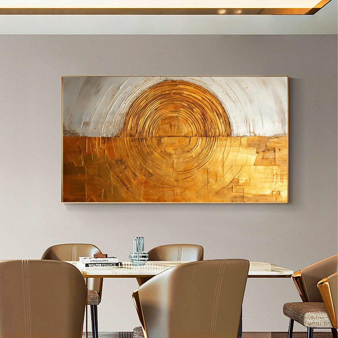 Golden Circle Sun Gray Minimalist Textured Abstract Painting Poster - Image 2