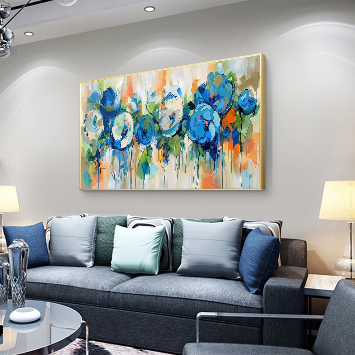 Blue Floral Blooms Green Orange Loose Abstract Flower Painting Poster - Image 6